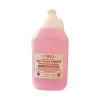 A one gallon plastic bottle with pink non acetone polish remover in it